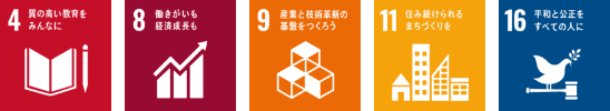 SDGsのアイコン4,8,9,11,16